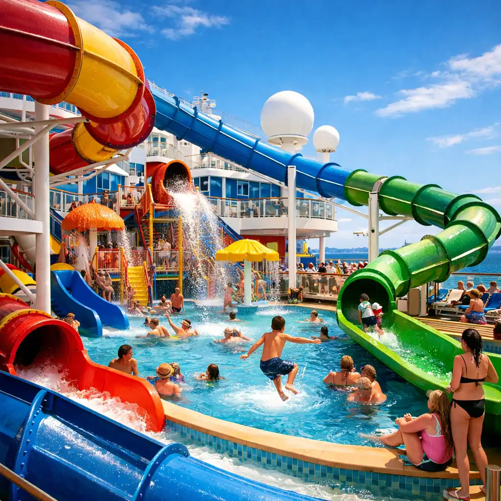Kolorowy aquapark na pokładzie statku z dużym basenem i zjeżdżalniami