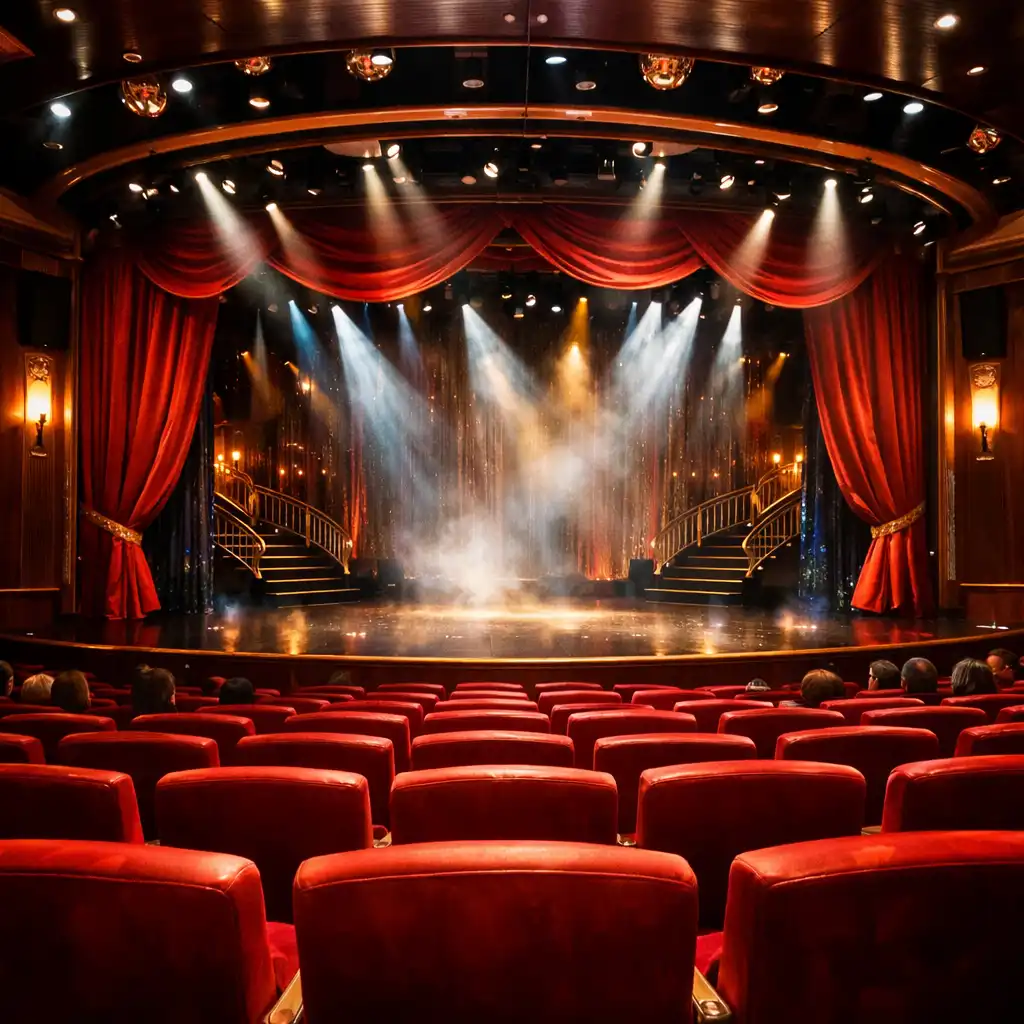 Elegancki teatr na statku wycieczkowym z czerwonymi fotelami i oświetloną sceną