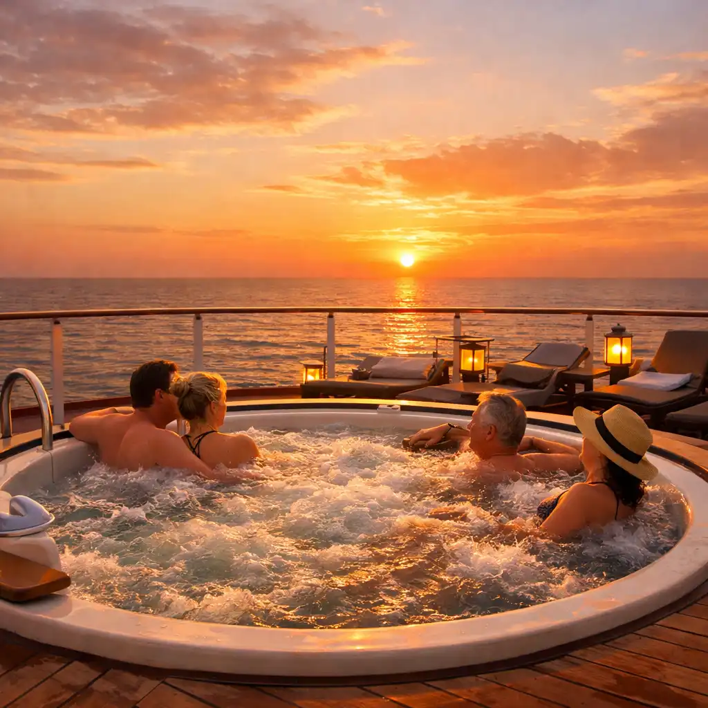 Jacuzzi na otwartym pokładzie statku z bąbelkami i widokiem na morze o zachodzie słońca