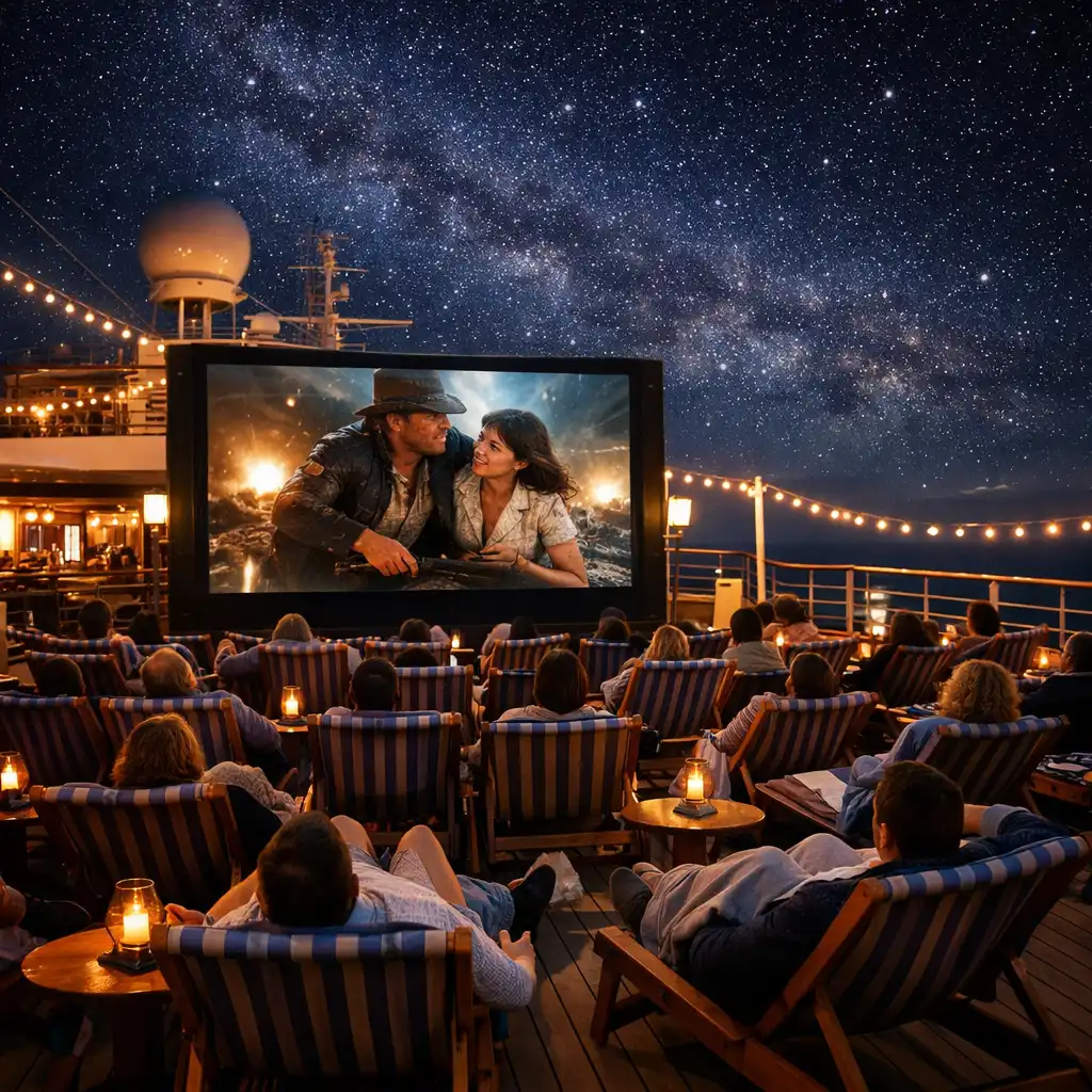 Kino plenerowe na statku z dużym ekranem i leżakami pod gwiazdami