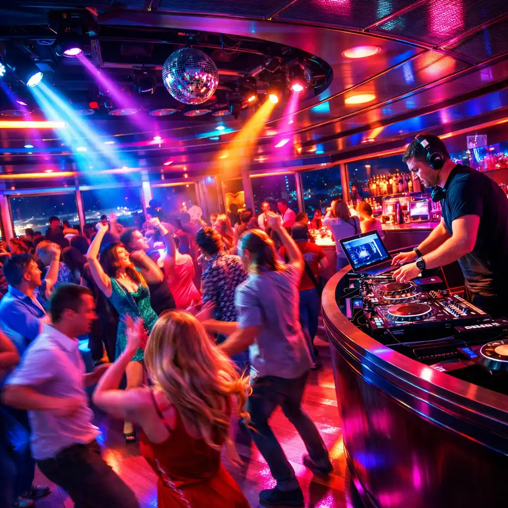 Klub nocny na statku z parkietem tanecznym, kolorowymi światłami i DJ-em