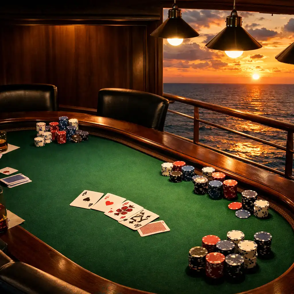 Elegancki stół pokerowy na statku wycieczkowym z widokiem na ocean o zachodzie słońca