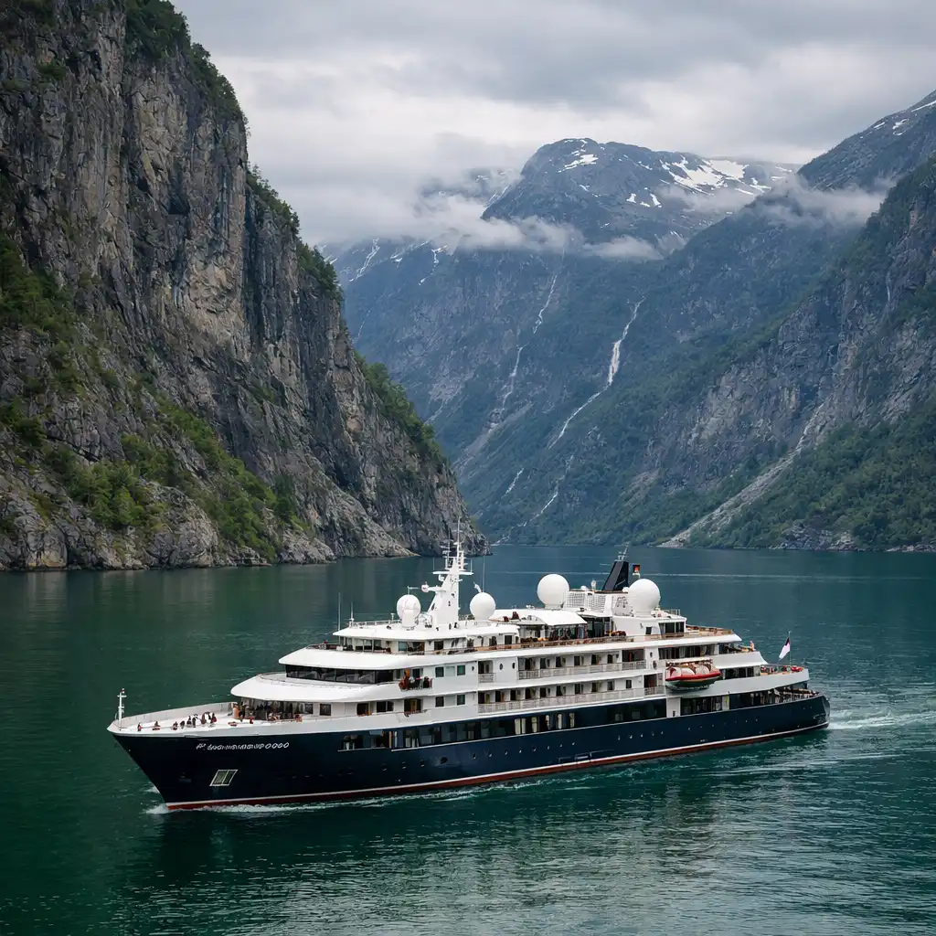 Kameralny statek butikowy w fiordzie norweskim