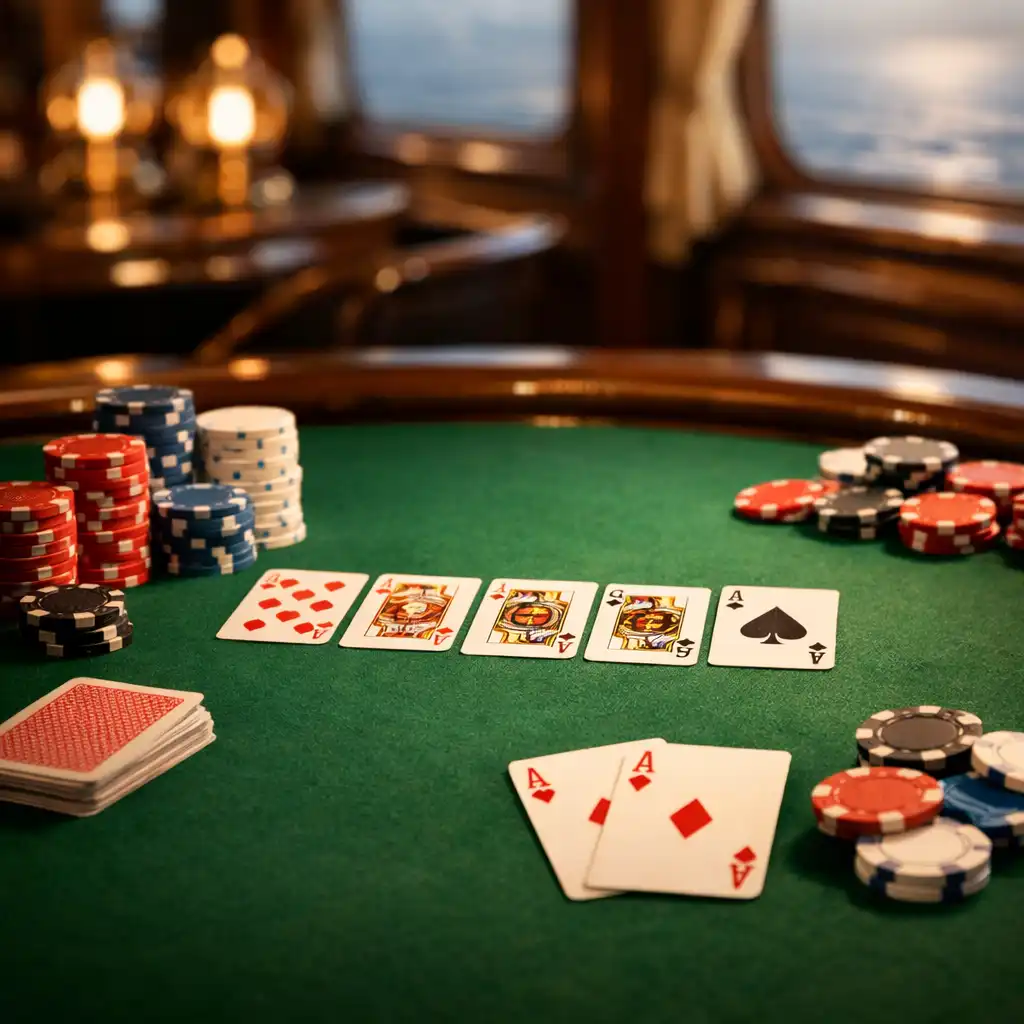 Stół pokerowy na statku z kartami i żetonami