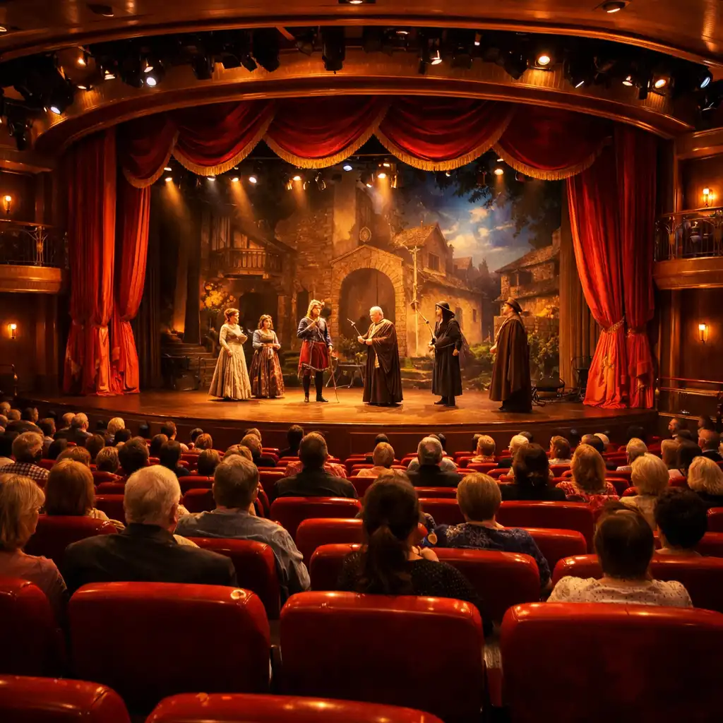 Wnętrze teatru na statku wycieczkowym z czerwonymi fotelami, sceną i kurtyną